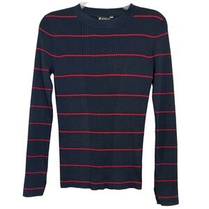 Athleta Merino Wool Blend Sweater Women XS Navy Red Stripe Ribbed Knit Crew Neck